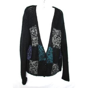 Licorice Chunky Hand Knit Patchwork Cardigan Sweater Size Large Multicolor 1980s
